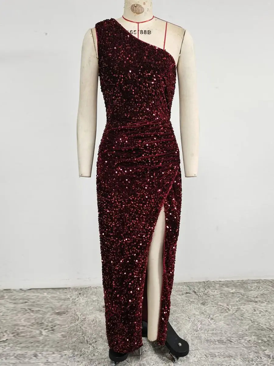 Yissang One Shoulder Wrap Split Thigh Sequin Formal Dress Medium Black Dress Wrap Hip Dress Party Dress Importan Occasion Dress