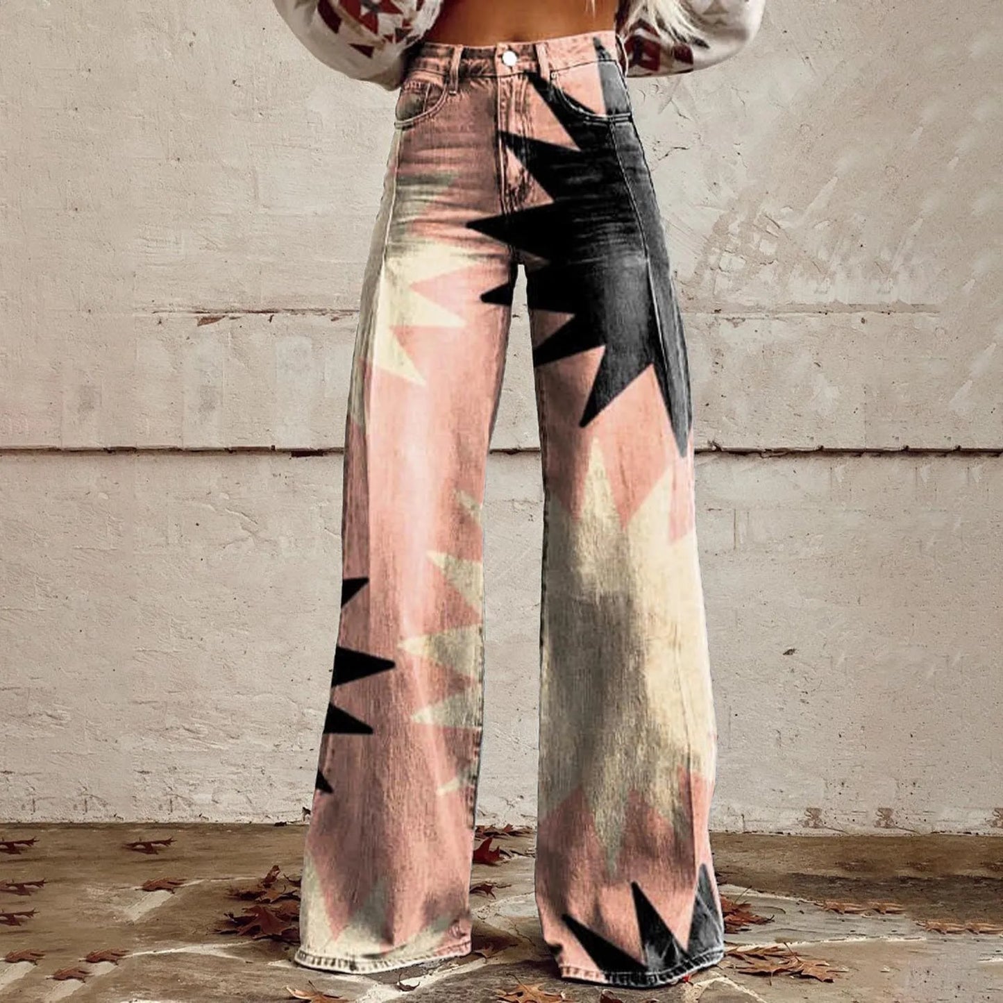 High Waisted Loose Fit Vintage Wide Leg Casual Pants for Women Fashionable 90s Floral Printed Baggy Trousers Comfortable Imitation Jeans