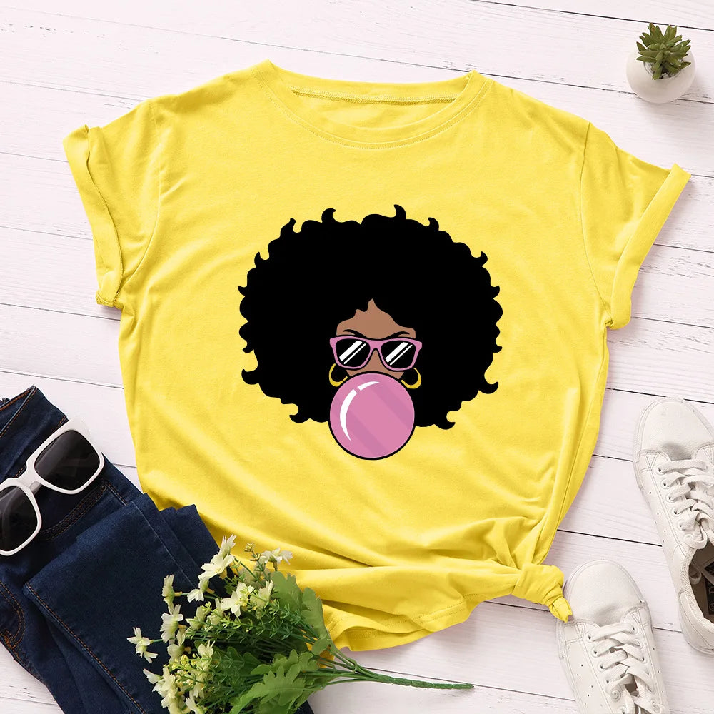 Funny Melanin T Shirt Women Cute Bubble Gum Curly Hair Black Girl Print Tshirt Top Tee Summer Harajuku Ulzzang T-shirt