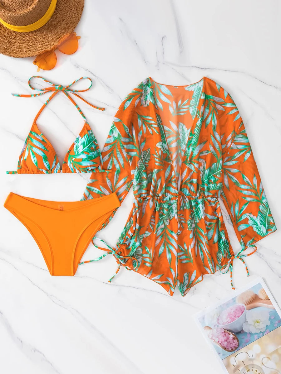 3 pieces Halter Bikini Tropical Print Swimsuit Drawstring Side Swimwear Women Long Sleeve Bathing Suit Female Swimming Beachwear