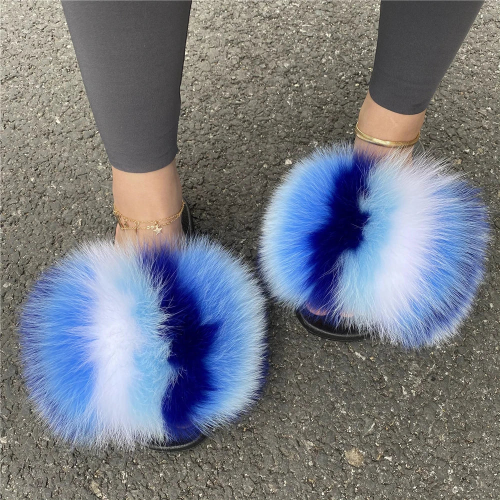 Hot Sale Summer Women Fox Fur Slippers Furry Slippers Designer Fur Slides Girls Black Fur Slides Gorgeous Big Fur Slides Sandal