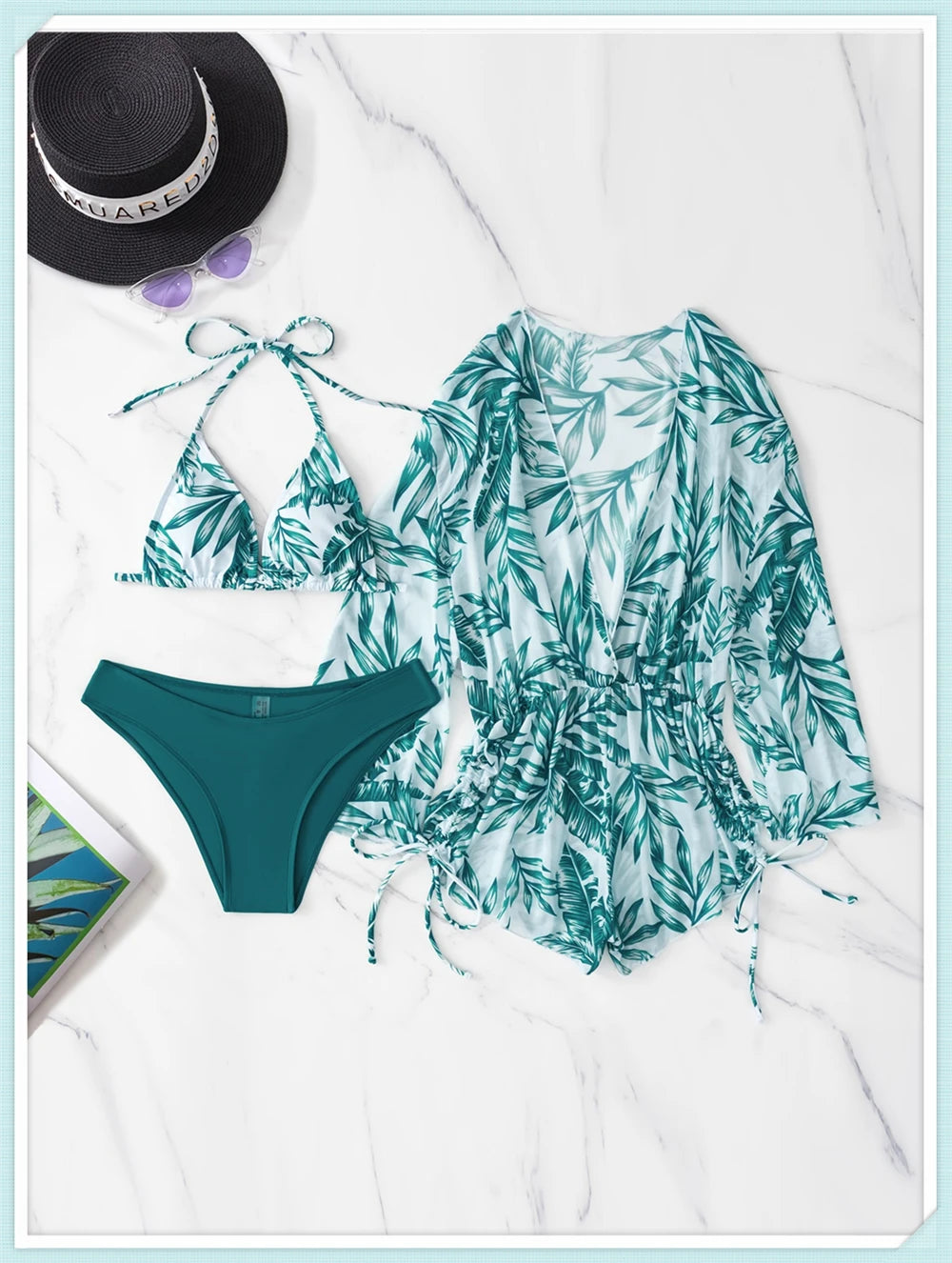 3 pieces Halter Bikini Tropical Print Swimsuit Drawstring Side Swimwear Women Long Sleeve Bathing Suit Female Swimming Beachwear