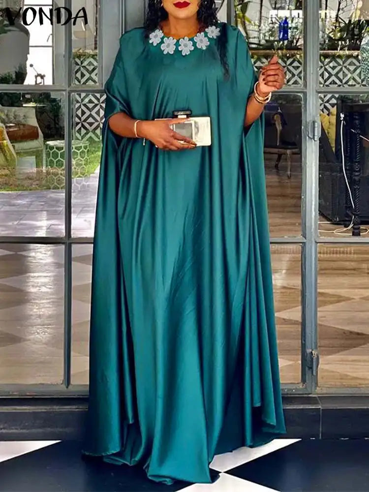 VONDA 2024 Elegant Women Satin Long Dress Autumn Maxi Sundress Elegant O-Neck 3/4 Bat Sleeve Casual Vestido Party Robe Oversize