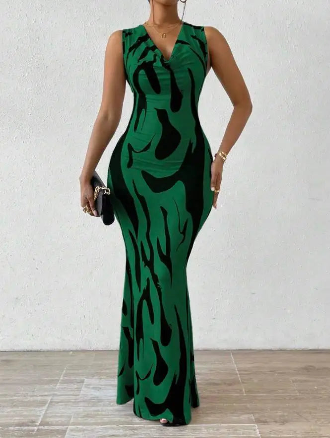 Sexy Bodycon Package hip Party Women's Long Dresses Summer Print Sleeveless Pile Collar Slim Skinny Party Maxi Dress For Women
