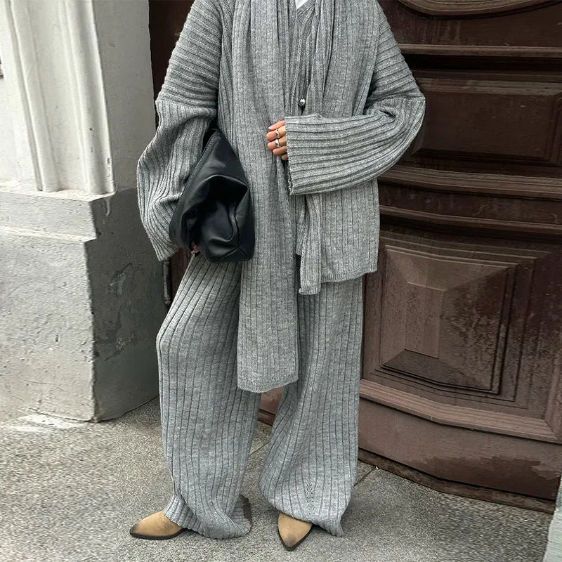 Oversize Knitted Women's Set V-Neck Full Sleeve Scarf Pullover Long Trousers Casual Loose Lady Suit for Autumn