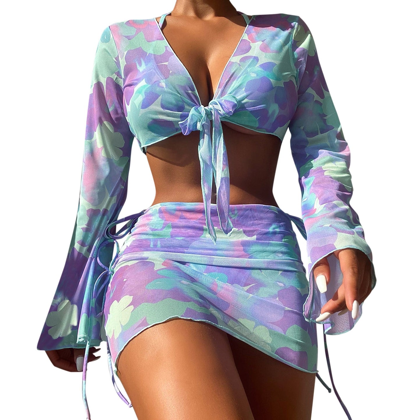 Women's Purple Split Swimsuit Neck Tie up Bikini Set with Skirt And Shorts Bottoms Junior Size Polyester Beachwear