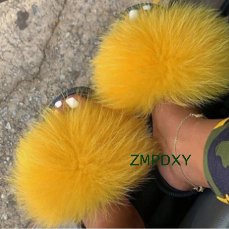 Rainbow Fur Slides Women's Furry Plush Raccoon Fox Fur Slippers Indoor Flat Non-Slip Summer Beach Flip Flops Large Size Sandals