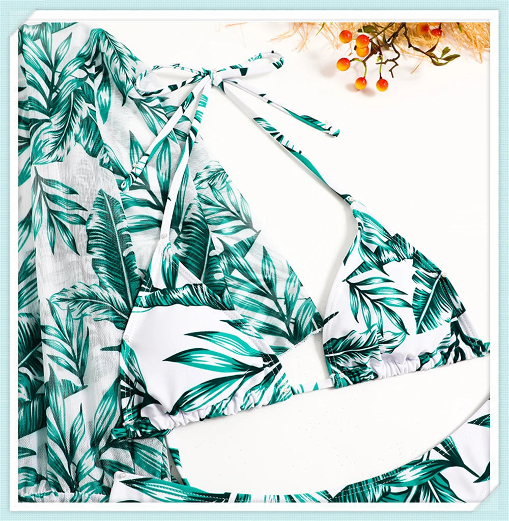 3 pieces Halter Bikini Tropical Print Swimsuit Drawstring Side Swimwear Women Long Sleeve Bathing Suit Female Swimming Beachwear