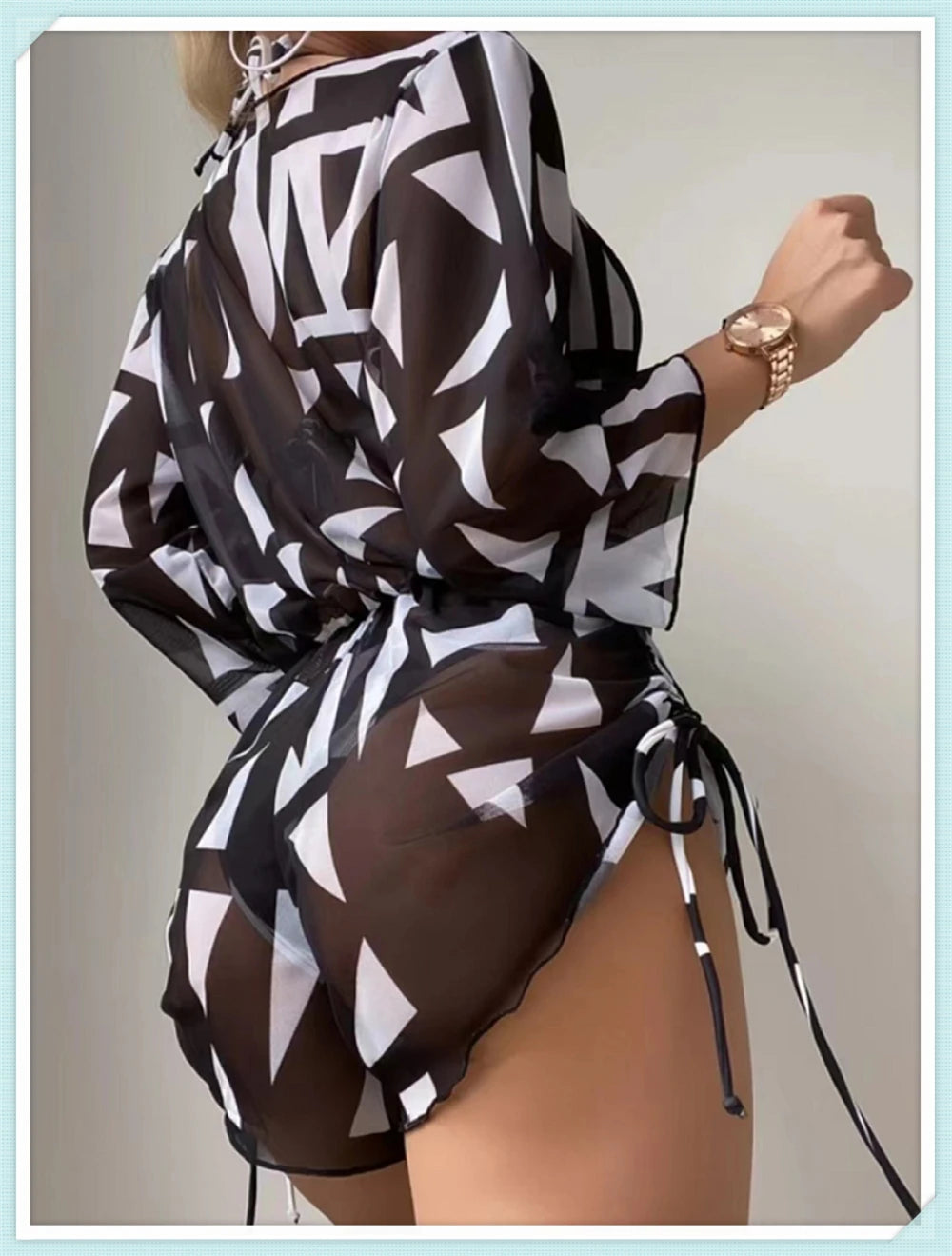 3 pieces Halter Bikini Tropical Print Swimsuit Drawstring Side Swimwear Women Long Sleeve Bathing Suit Female Swimming Beachwear