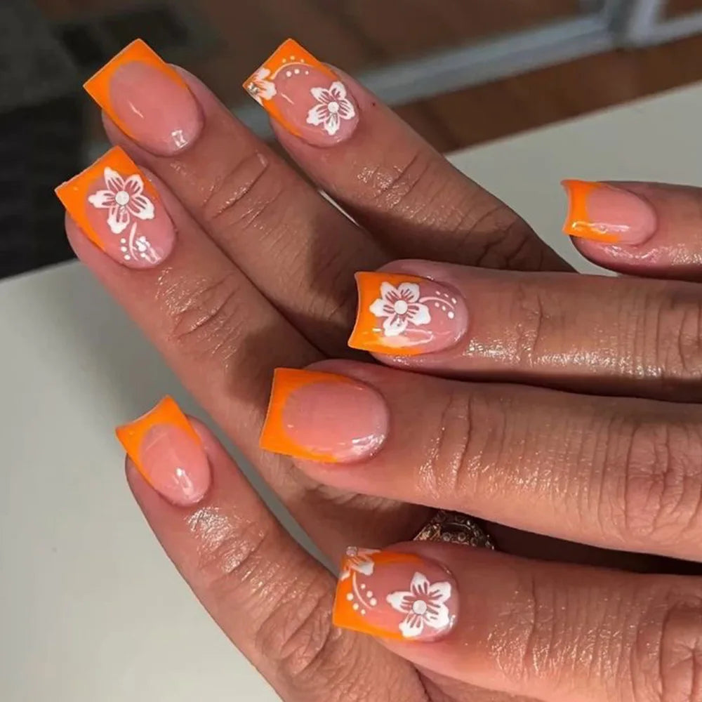 24Pcs Pink French Style Press on Nails with White Flower Print Short Square Head False Nails Simple Wearable Artificial Nails Art