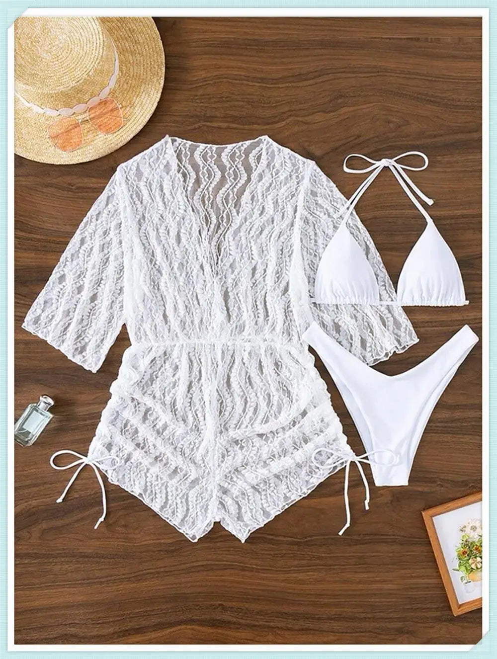 3 pieces Halter Bikini Tropical Print Swimsuit Drawstring Side Swimwear Women Long Sleeve Bathing Suit Female Swimming Beachwear