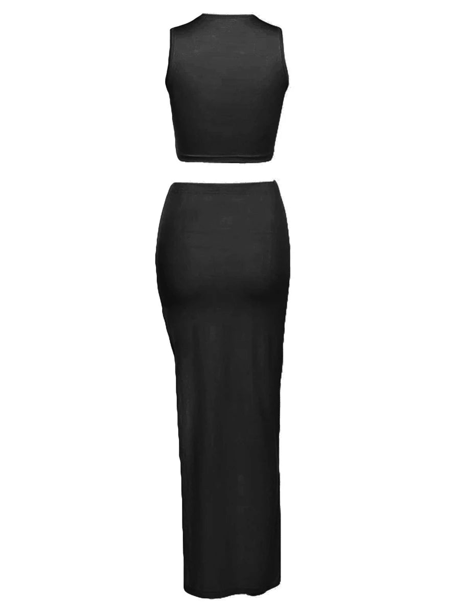 Women Summer 2 Pieces Outfits Solid Color Crew Neck Sleeveless Tank Tops Wrapped Hip High Slit Long Skirts Set