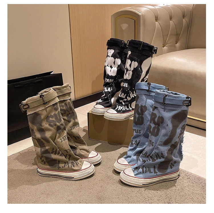 Women's Spring Graffiti High Canvas Boots Round Head Middle Follow Anti-slip Boots Women Leisure Fashion Rubber Sole Botas Mujer
