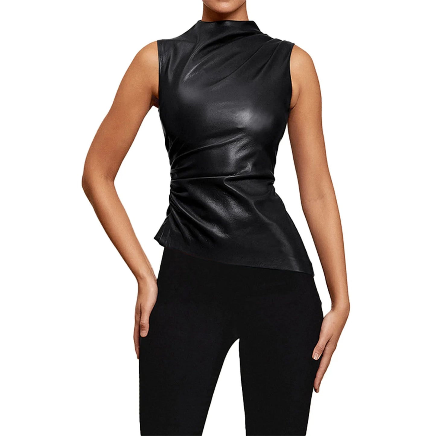PU Leather Tank Tops Women Summer Sleeveless Pleated Slim Female Top Sexy Sheath Zipper Elastic Lady Ruched Shirt Streetwear