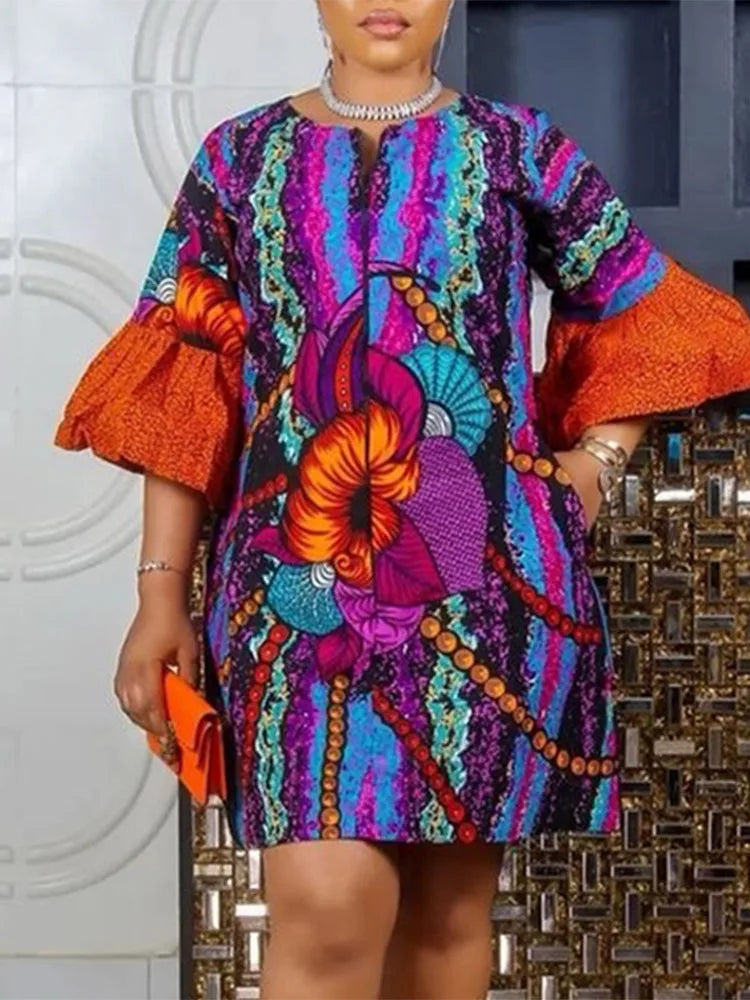 Plus Size 5XL VONDA Women Bohemian Short Dress Crew neck Flared Sleeve Party Vestido 2024 Fashion Printed Sundress Casual Robe
