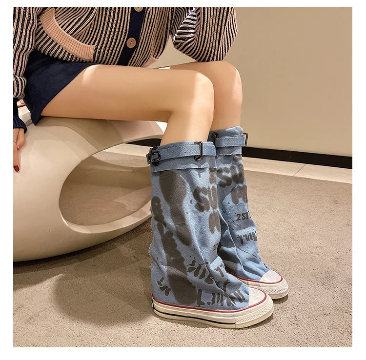Women's Spring Graffiti High Canvas Boots Round Head Middle Follow Anti-slip Boots Women Leisure Fashion Rubber Sole Botas Mujer