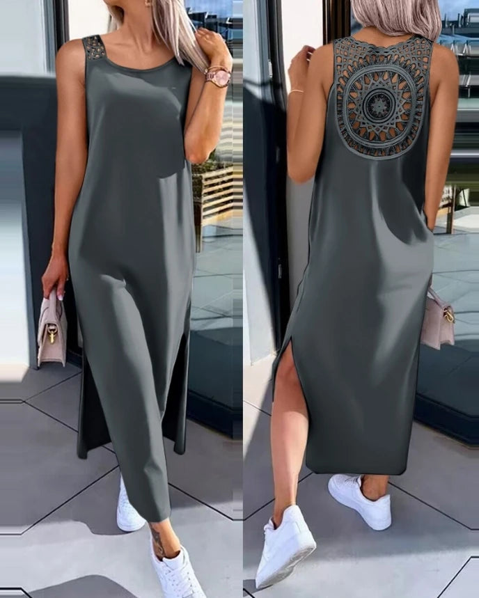 Women's Sleeveless round Neck Mid-Calf Dress Summer 2024 Fashion Slit Hollow-Out Casual Straight Dress for Daily Wear