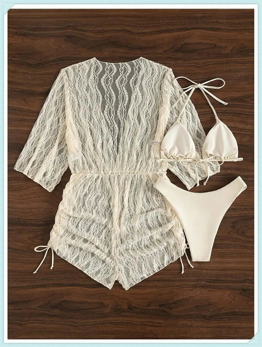 3 pieces Halter Bikini Tropical Print Swimsuit Drawstring Side Swimwear Women Long Sleeve Bathing Suit Female Swimming Beachwear