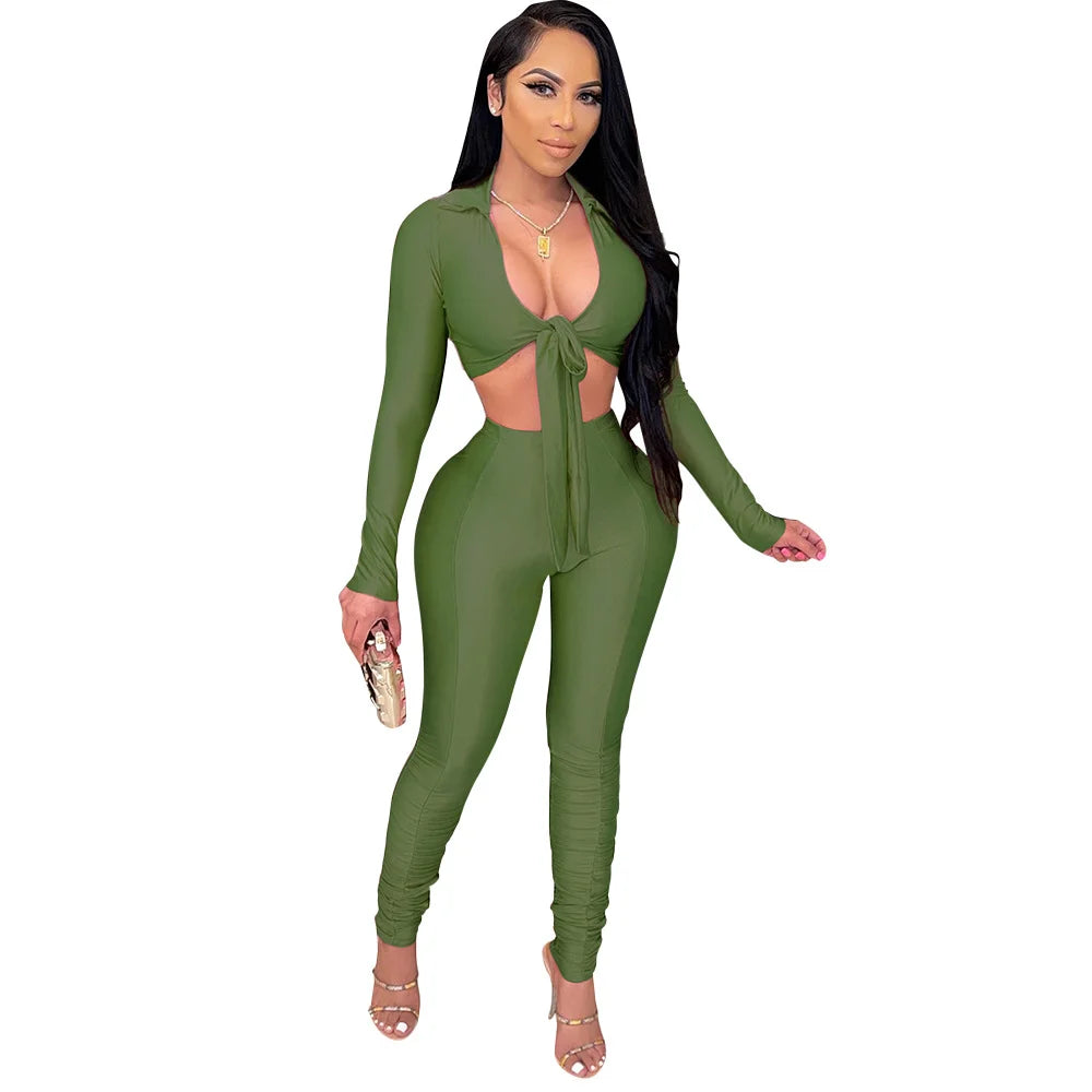 Women's Fashion Casual Slim Fit Two-Piece Set Open Shirt Butterfly Knot Long Sleeve Top with Long Pants Eye-Catching Streetwear