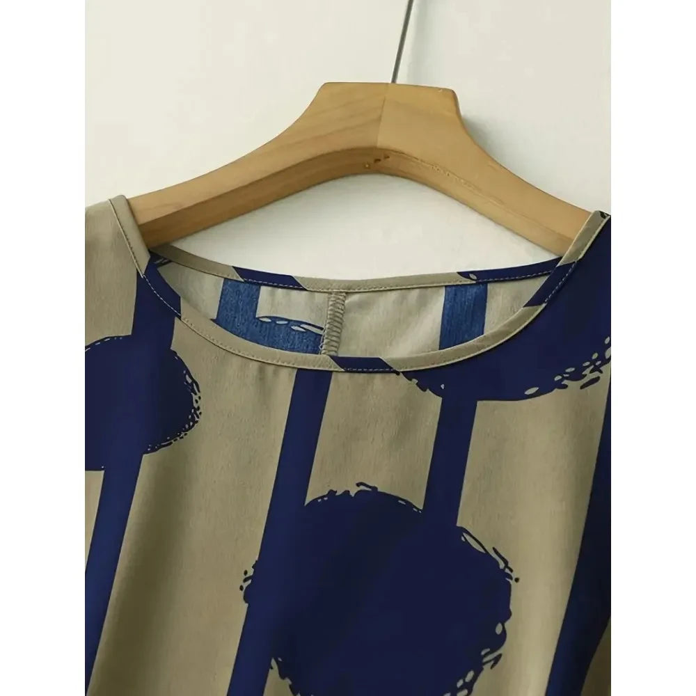 New Summer Womens Dresses Exquisite Elegant Round Neck Short Sleeve Long Pink Spotted Irregular Printed Comfortable Midi Dresses