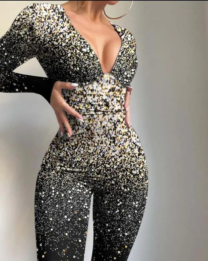 Autumn Fashion Women's Long Sleeve Jumpsuit with Tribal Pattern and Mesh Patch European and American Style for Ladies