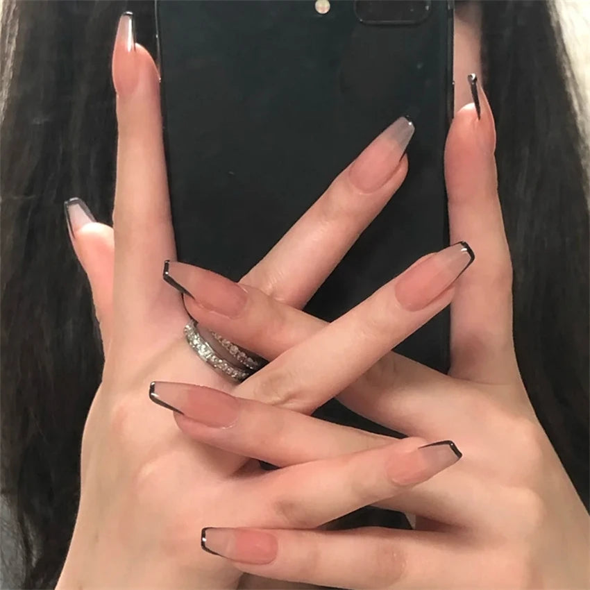 24Pcs/Set Press on Nails Gradient Point Drill Ballet Wearing False Nails Long French Stick on Nail Artificial Acrylic Fake Nails