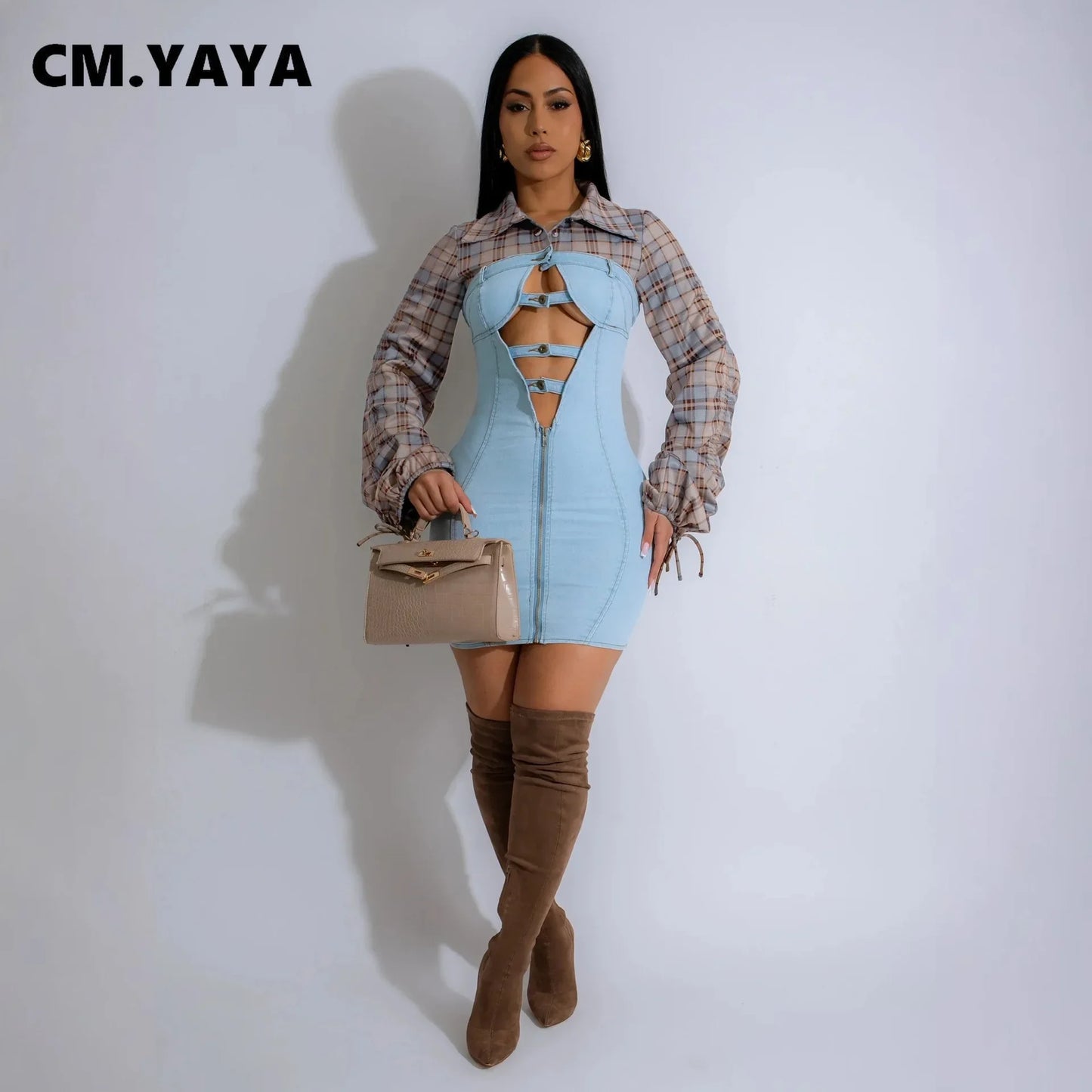 CM.YAYA Fashion Women Plaid Denim Patchwork Long Sleeve Shirt Dress Fall Sexy Party Hollow Out Autumn Winter Street Mini Dresses