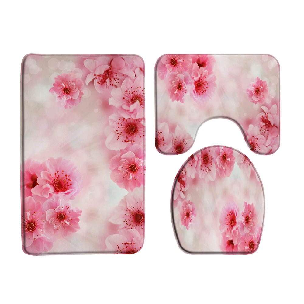 Butterfly Rose Flower Printed Waterproof Bathroom Shower Curtain Set Non-Slip Bath Mat Rug Sets Toilet Cover Bathroom Decor