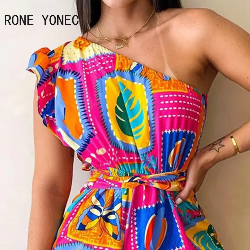 Women Chic All Over Print Diagonal Collar Lace Up One Shoudler Flying Sleeves Rompers