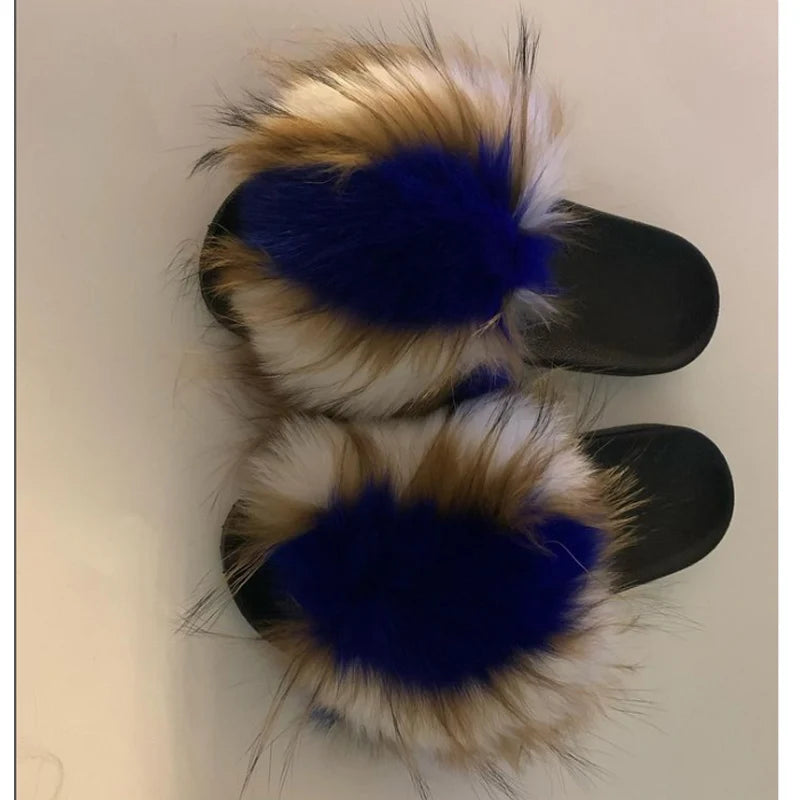 Rainbow Fur Slides Women's Furry Plush Raccoon Fox Fur Slippers Indoor Flat Non-Slip Summer Beach Flip Flops Large Size Sandals