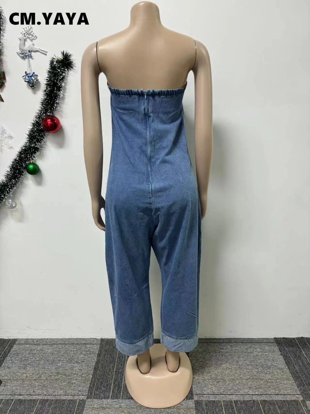 Women Strapless Sleeveless Pockets Cargo Wide Leg Denim Jumpsuits 2024 Washed Oufits Street One Piece Loose Rompers