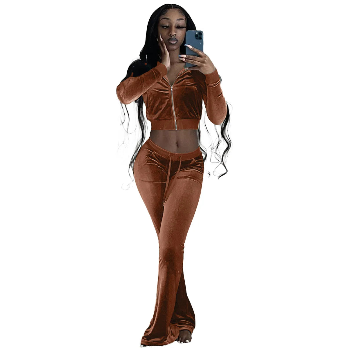Women Sport Suit Long Sleeve Crop Coat And Bell Bottom Pant Velour Tracksuit Solid Color Long Sleeve Sexy Hoodie Set