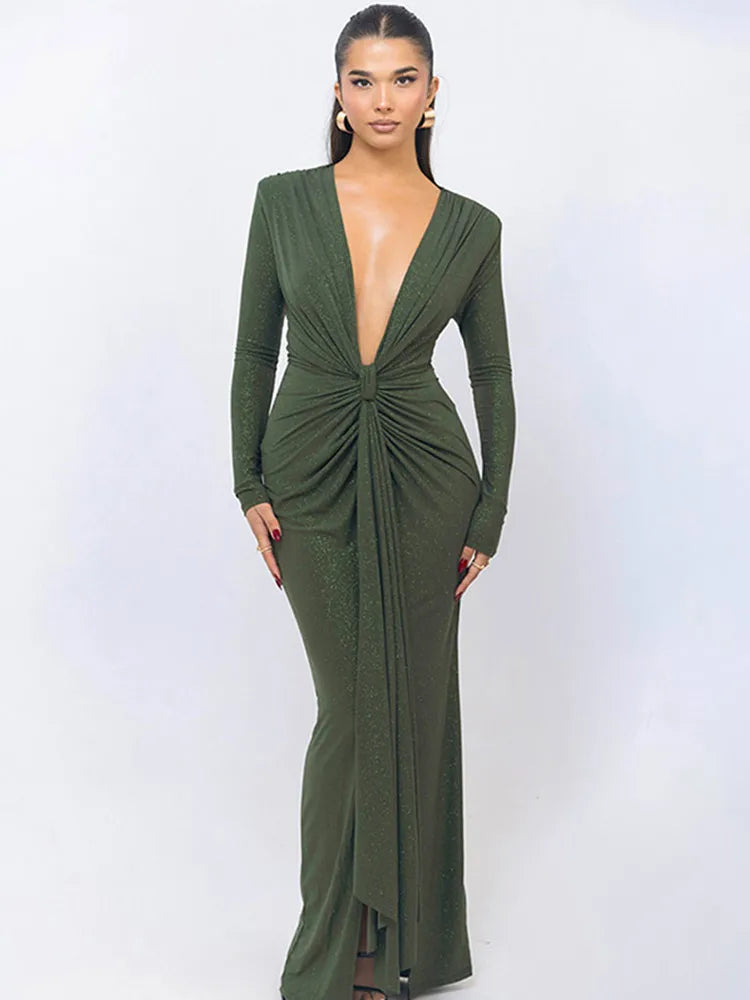 Sexy Glitter Slim Maxi Party Dress Women Deep V-neck Pleated Hip Package Bodycon Female Evening Dresses 2024 Club Lady Robes
