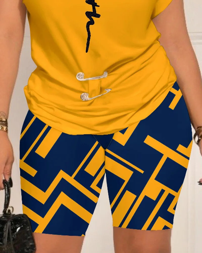 Casual Short Sleeve Tshirt Shorts Set Office Lady Spring Summer Fashion O-neck Letter Print Two Piece Set Women Outfit 2023