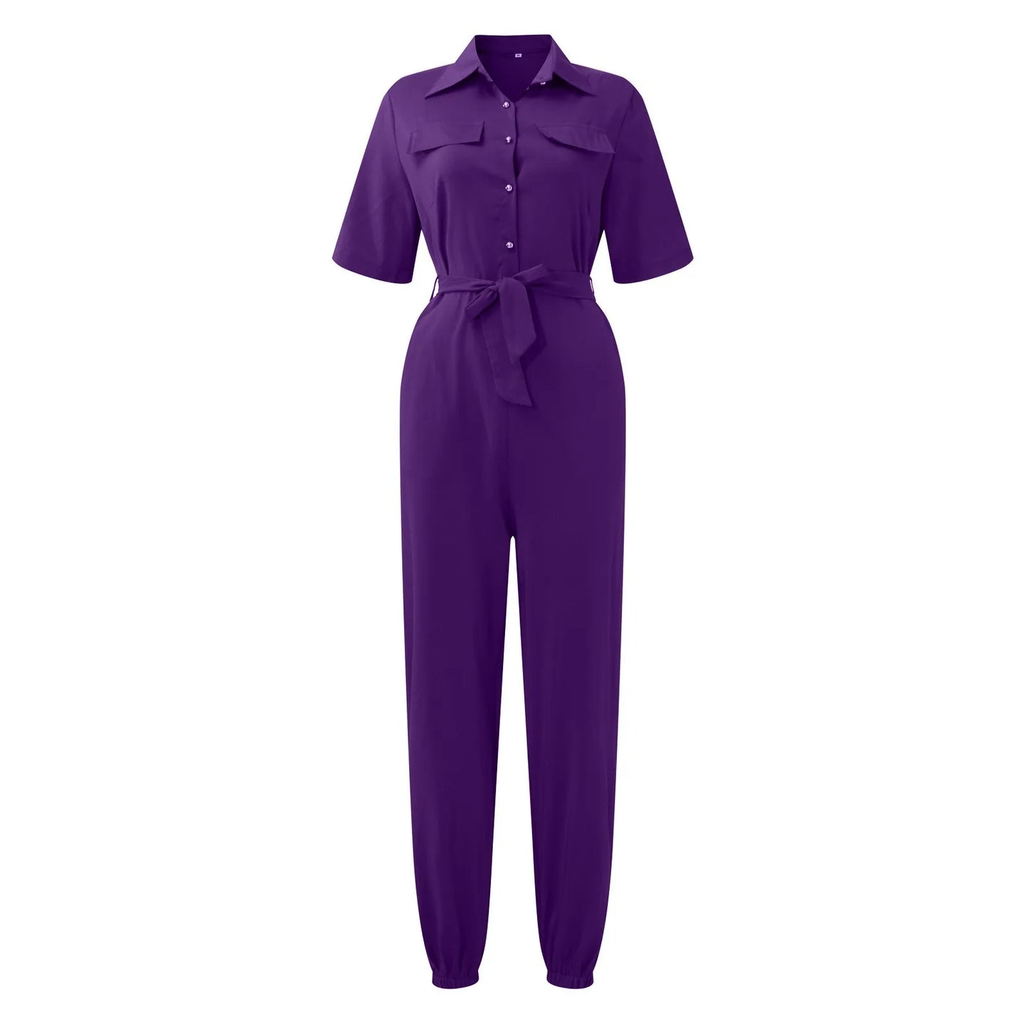 Women's Casual Lapel Lace-Up Printed Belt Short Sleeve Jumpsuit Summer Fashion Workwear Keep Short Eye Catching Junior Size