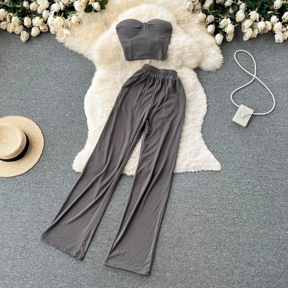 Chic Two Pieces Sets Sexy Strapless Tube Crop Top Tank Top and Elastic High Waist Wide Leg Pants Women Casual Summer Sets Y2k