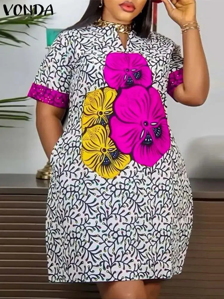VONDA 2024 Fashion Women Elegant Dress Vintage Printed Sundress Oversized Mini Dress Casual Loose Party Short Robe Vestidos