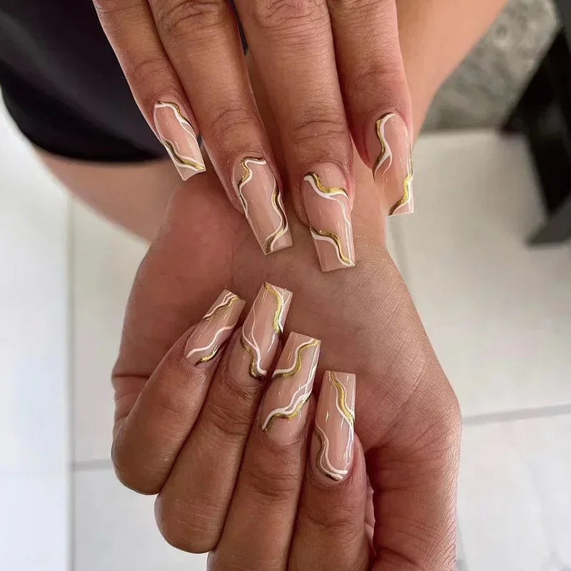 24Pcs Shimmery Long Coffin False Nails with Glue Ballerina Nail Design Sweet Fashion French Press on Acrylic Nails Manicure Tips