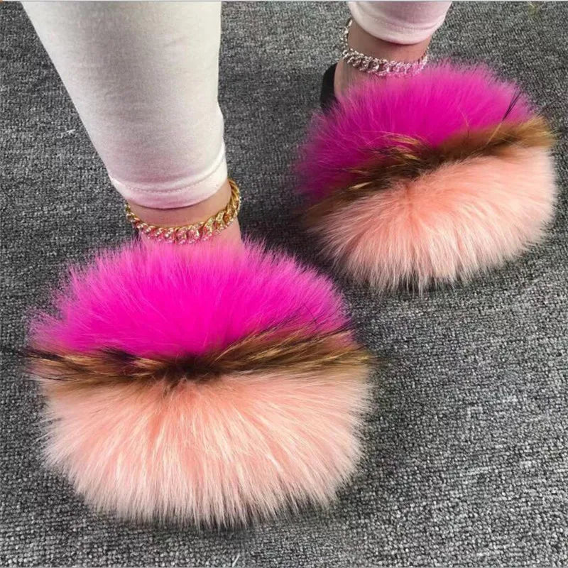 Hot Sale Summer Women Fox Fur Slippers Furry Slippers Designer Fur Slides Girls Black Fur Slides Gorgeous Big Fur Slides Sandal