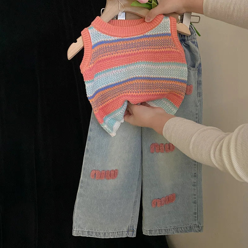 Childrens Sets Girls Knitting Vest Spring New Colour Stripe Sleeveless Versatile Tide Jeans 2024 Elastic Waist Simple