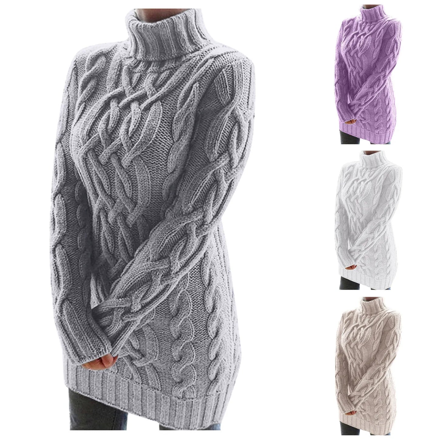 Elegant Women's Turtleneck Cable Knit Sweater Dress Long Sleeve Slim Fit Autumn Pullover Dress for Stylish Fall Clothes