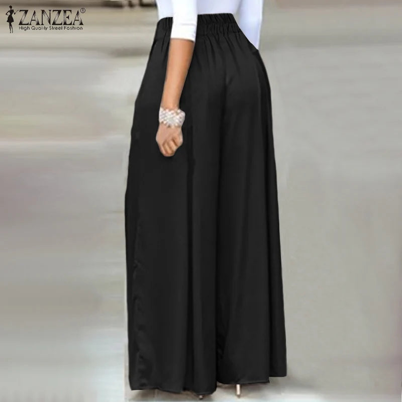 Elegant High Waist Solid Work Trousers ZANZEA Fashion Summer Women Loose Wide Leg Pants Palazzo Oversized Bow Tie Long Pantalon