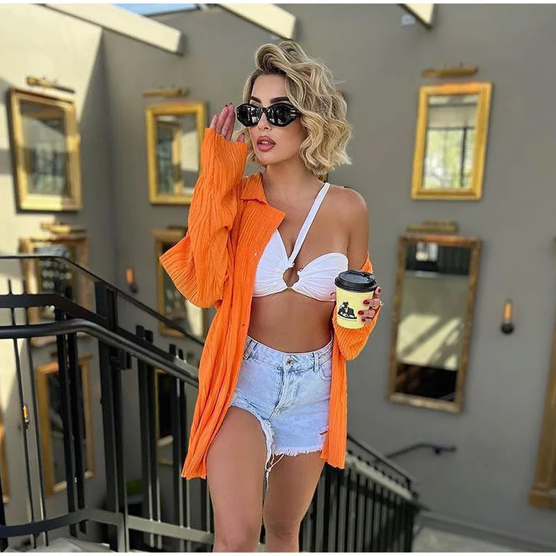 New Spring And Autumn Suit Women's Pleated Lapel Shirt Loose Casual Suit Solid Color Drape Pleated Casual Suit