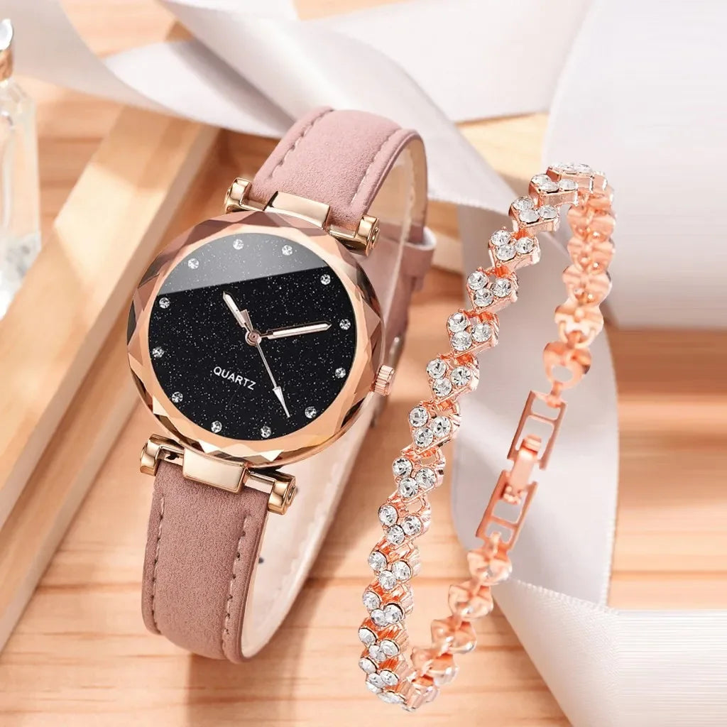 Luxury Fashion Women's Watch Set 2pcs PU Leather Strap Quartz Wristwatch with Rhinestone Rosegold Alloy Bracelet for Ladies Gift