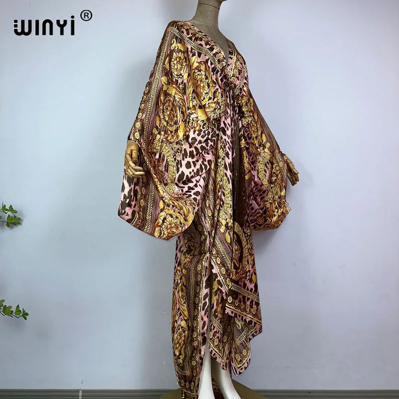 Sexy beach kaftan caftan feel silk rayon fashion print 2021 WINYI Maxi women's robes long sukienka V-neck Bohemian dress