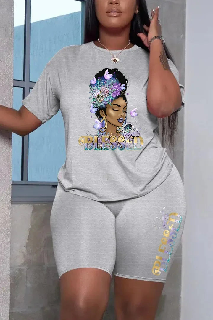 Summer Women Printing Casual T-Shirt Y2k Graphics Top Shorts Set Femme Short Sleeve Two Pieces Set Lady Daily Streetwear Outfits