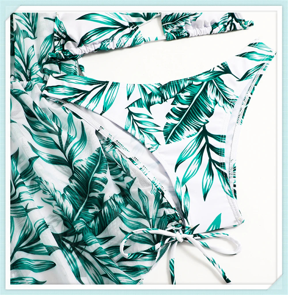 3 pieces Halter Bikini Tropical Print Swimsuit Drawstring Side Swimwear Women Long Sleeve Bathing Suit Female Swimming Beachwear