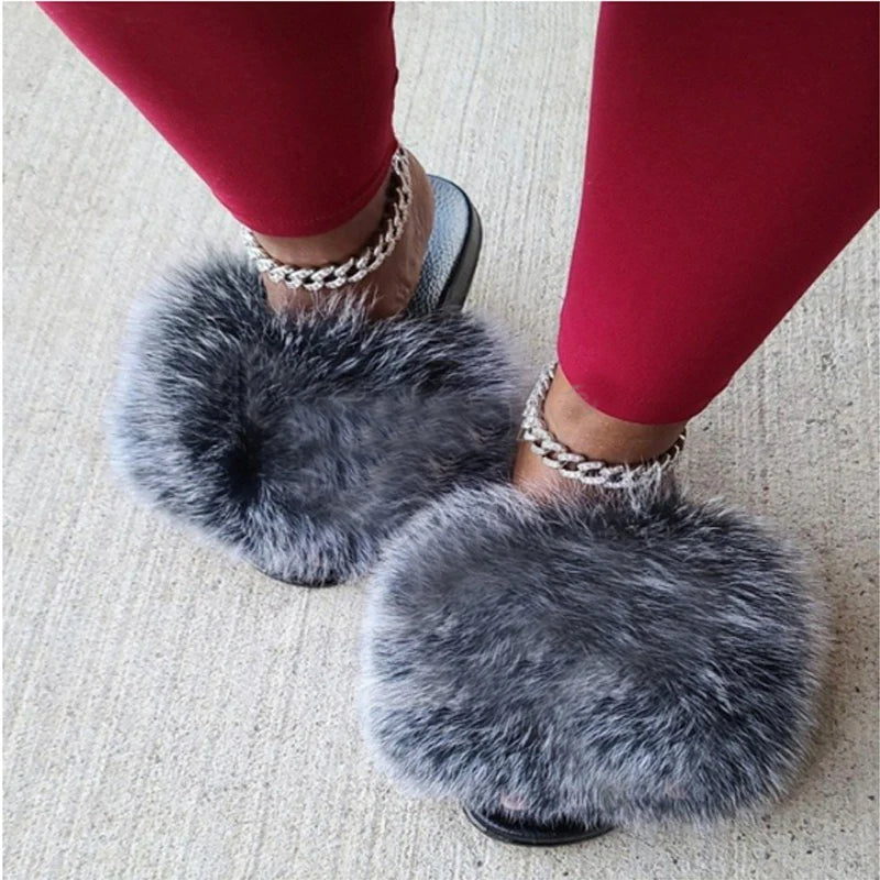 Rainbow Fur Slides Women's Furry Plush Raccoon Fox Fur Slippers Indoor Flat Non-Slip Summer Beach Flip Flops Large Size Sandals