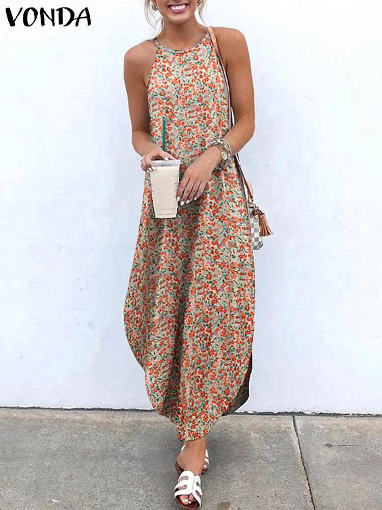 VONDA 2024 Summer Women Bohemian Dress Sexy Halter Asymmetrical Beach Dresses Sexy Sleeveless Robe Printed Long Maxi Sundress