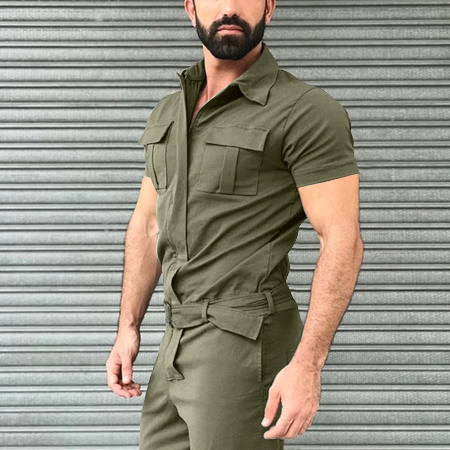 2024 New Men's Fashion Jumpsuit Solid Color Belted Cargo Pants for Leisure Fitting Clothing